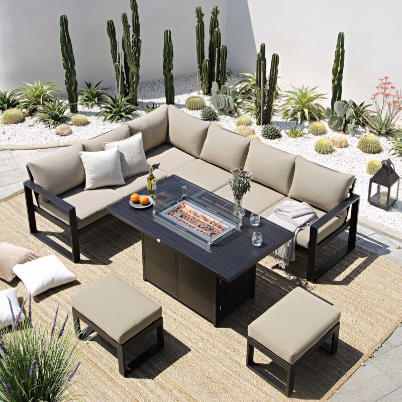 Albany Aluminium Large Corner Casual Dining Set with Firepit Table, Taupe - Image 2