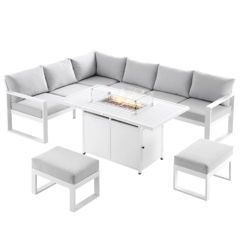 Albany Aluminium Large Corner Casual Dining Set with Firepit Table, White - Image 4