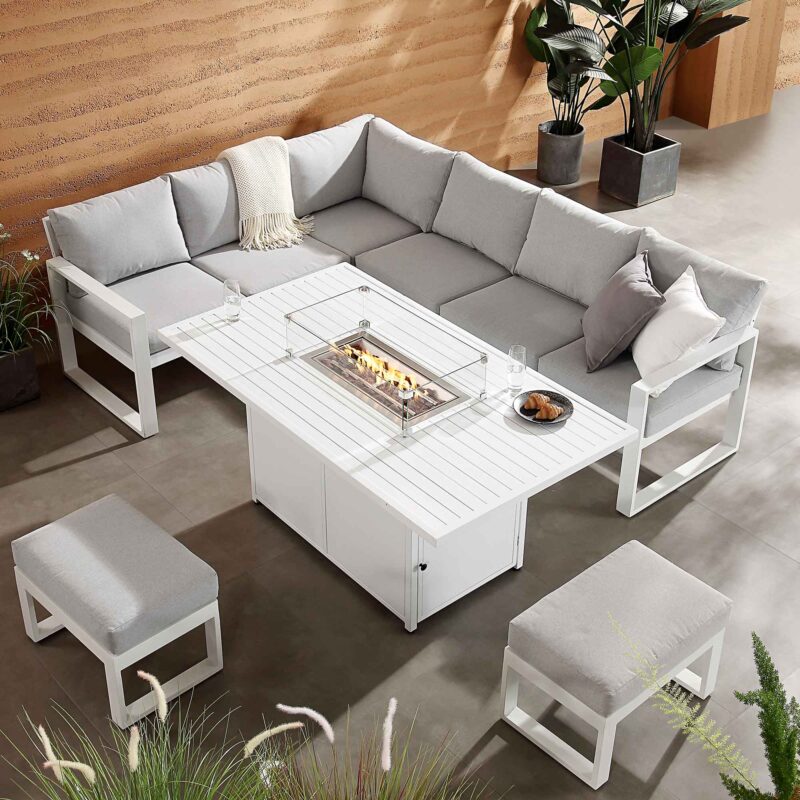 Albany Aluminium Large Corner Casual Dining Set with Firepit Table, White - Image 2