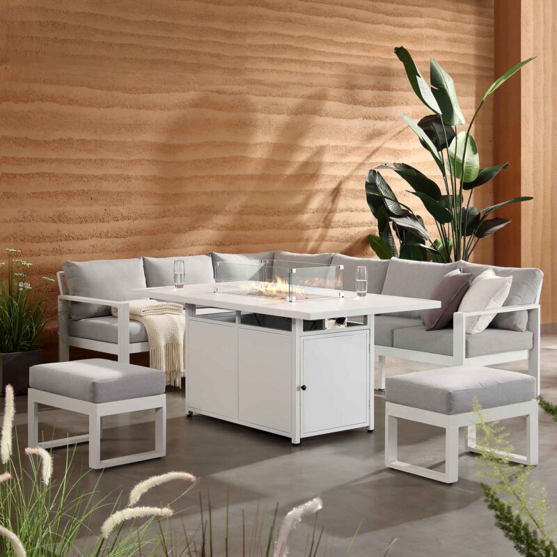 Albany Aluminium Large Corner Casual Dining Set with Firepit Table, White - Image 3
