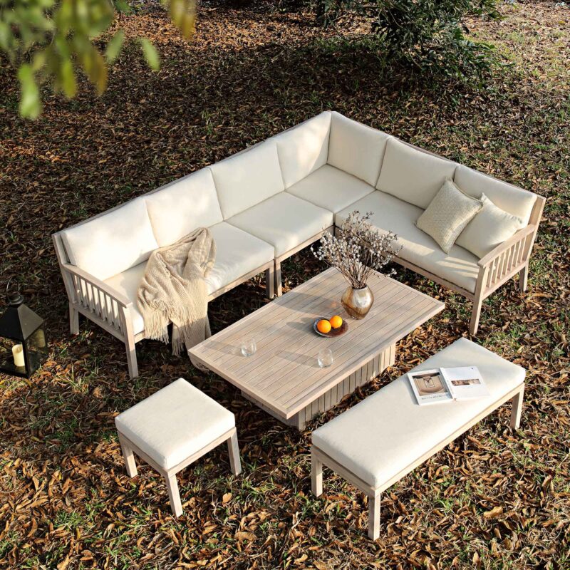 Earlswood Aluminium Washed Wood Effect Large Corner Sofa Set with Rising Table - Image 2