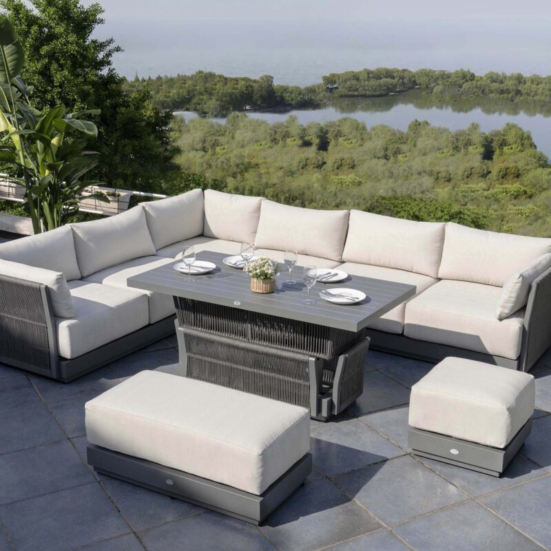 Pedra Rope and Aluminium Large Corner Casual Dining Set with Rising Table, Grey - Image 2