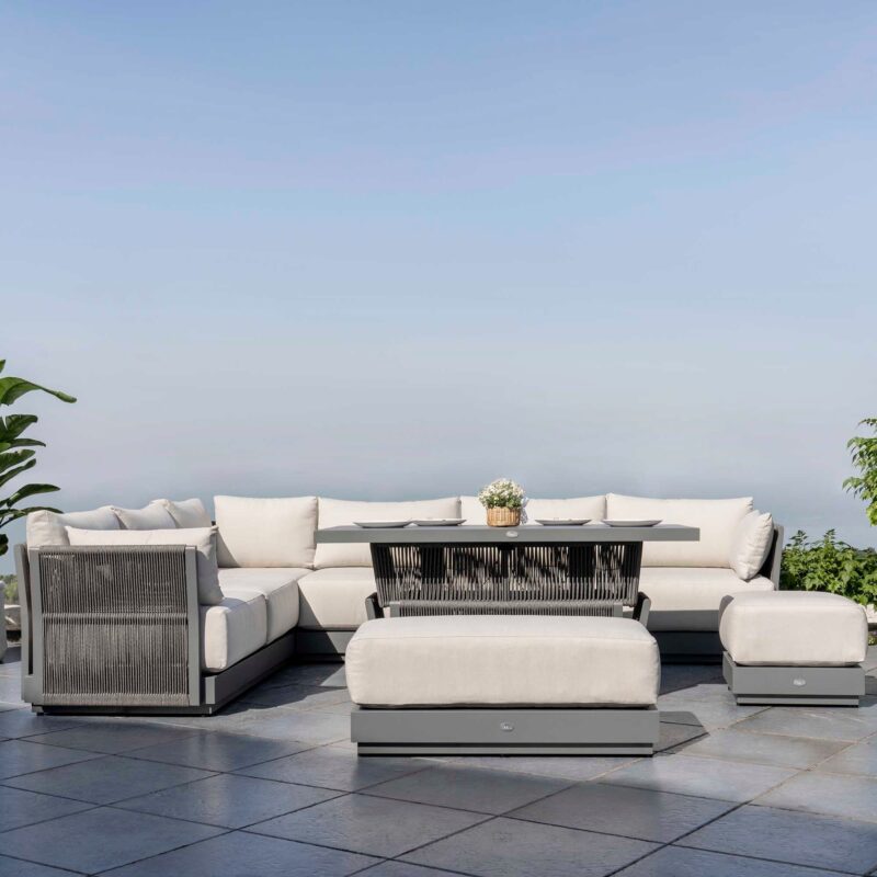 Pedra Rope and Aluminium Large Corner Casual Dining Set with Rising Table, Grey - Image 4
