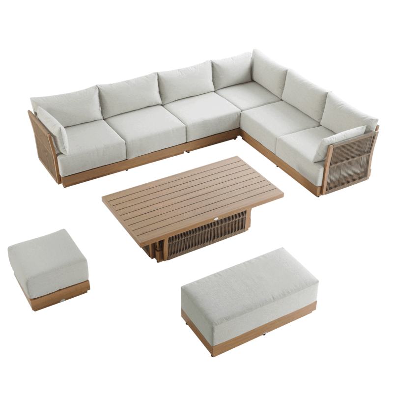 Pedra Rope and Aluminium Large Corner Casual Dining Set with Rising Table, Natural - Image 2