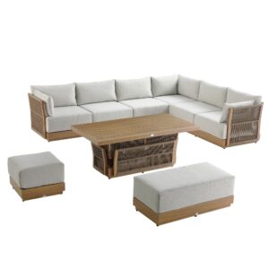 Pedra Rope and Aluminium Large Corner Casual Dining Set with Rising Table, Natural