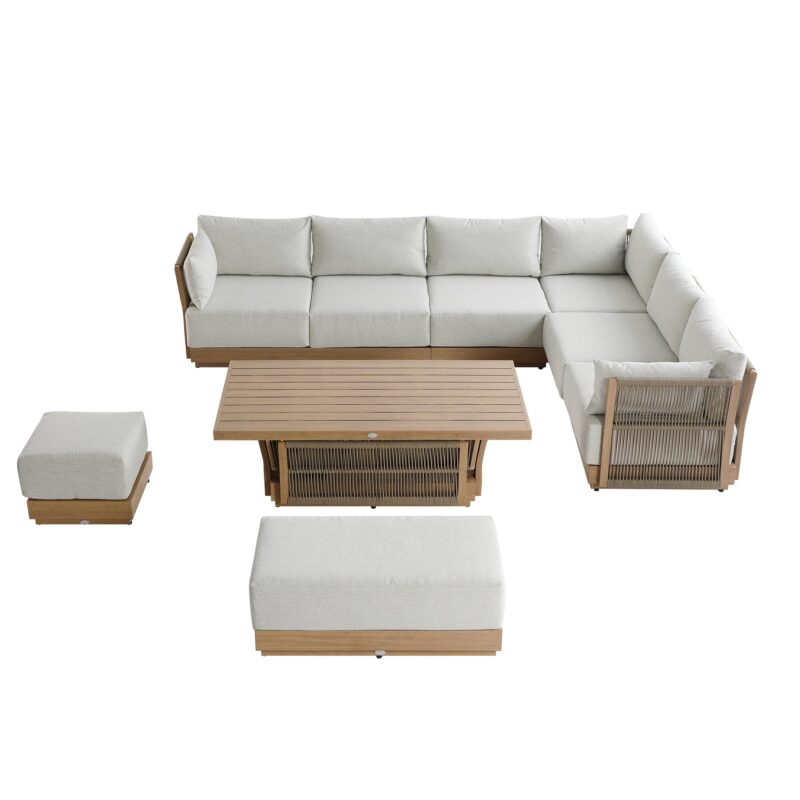 Pedra Rope and Aluminium Large Corner Casual Dining Set with Rising Table, Natural - Image 5