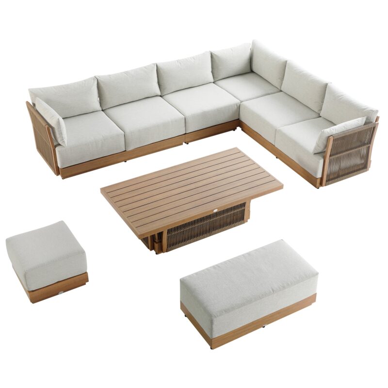 Pedra Rope and Aluminium Large Corner Casual Dining Set with Rising Table, Natural - Image 7