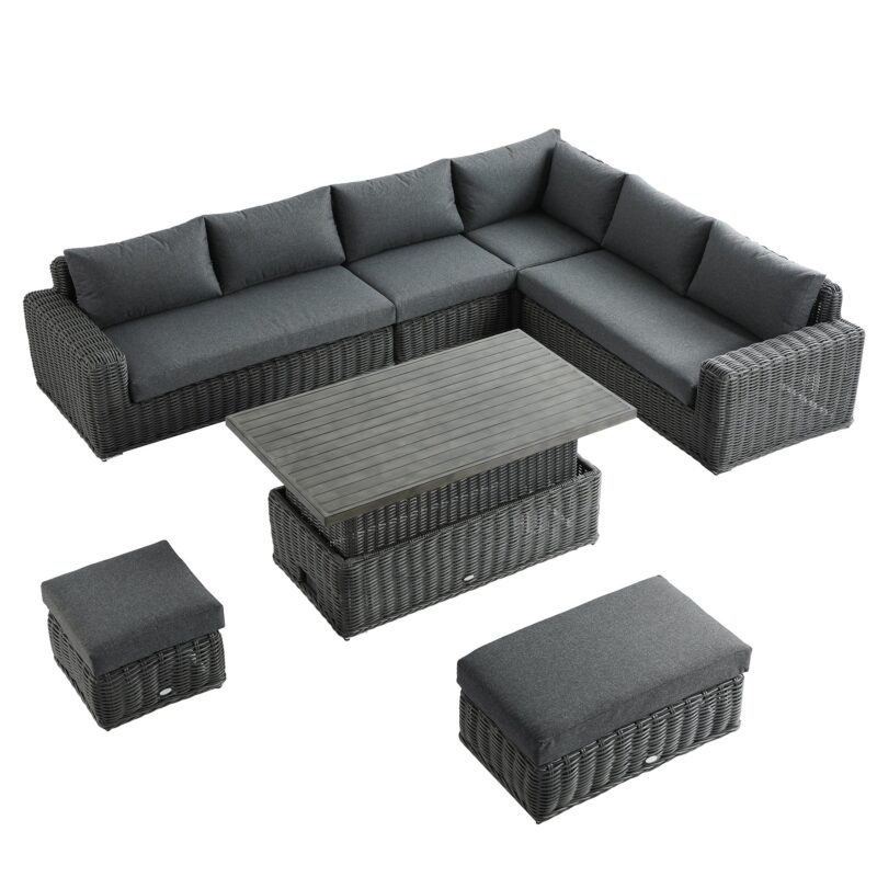 Bellagio Round Wicker Large Corner Casual Dining Set with Rising Table, Dark Grey - Image 4