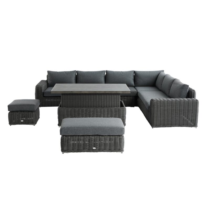 Bellagio Round Wicker Large Corner Casual Dining Set with Rising Table, Dark Grey - Image 6