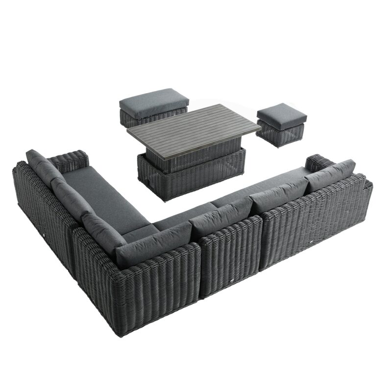 Bellagio Round Wicker Large Corner Casual Dining Set with Rising Table, Dark Grey - Image 7