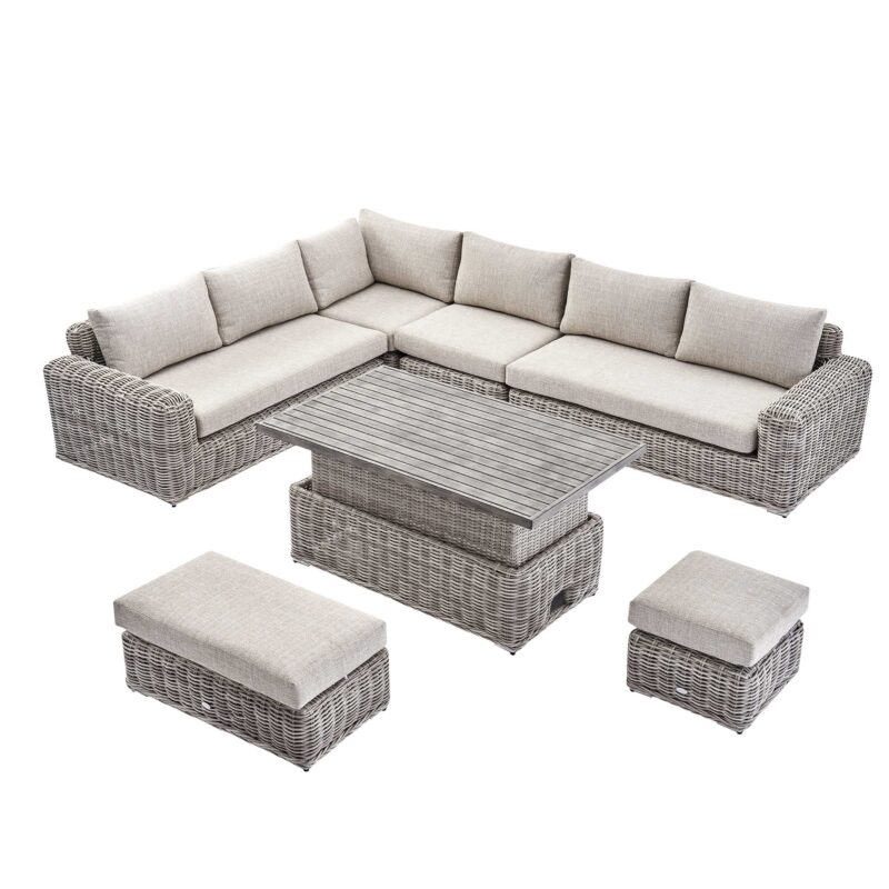 Bellagio Round Wicker Large Corner Casual Dining Set with Rising Table, Light Grey - Image 7