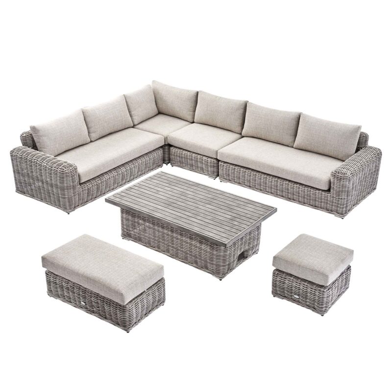 Bellagio Round Wicker Large Corner Casual Dining Set with Rising Table, Light Grey - Image 8