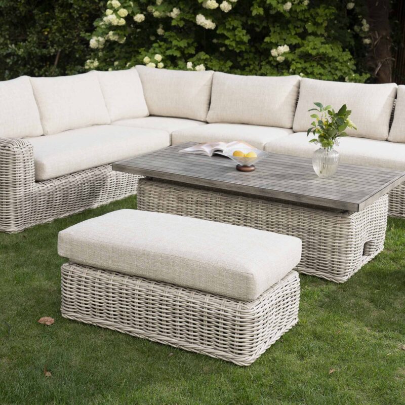 Bellagio Round Wicker Large Corner Casual Dining Set with Rising Table, Light Grey - Image 3
