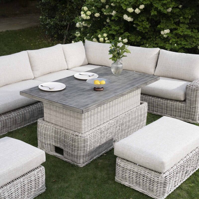Bellagio Round Wicker Large Corner Casual Dining Set with Rising Table, Light Grey - Image 4