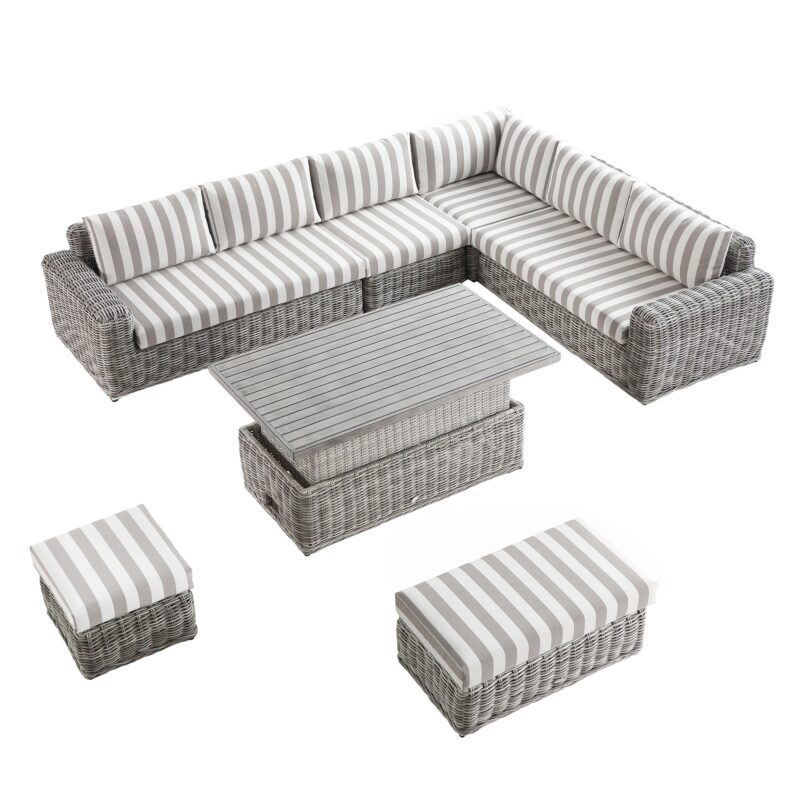 Bellagio Round Wicker Large Corner Casual Dining Set with Rising Table, Light Grey with Taupe Stripes - Image 2