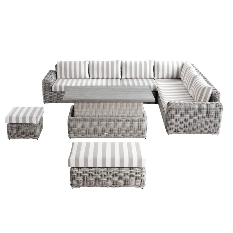 Bellagio Round Wicker Large Corner Casual Dining Set with Rising Table, Light Grey with Taupe Stripes - Image 4