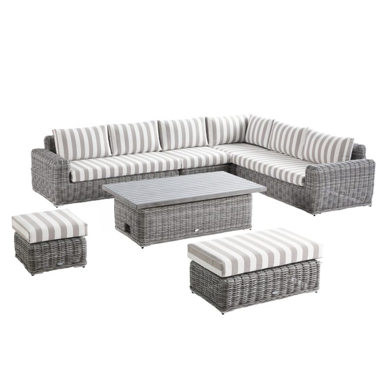 Bellagio Round Wicker Large Corner Casual Dining Set with Rising Table, Light Grey with Taupe Stripes - Image 5