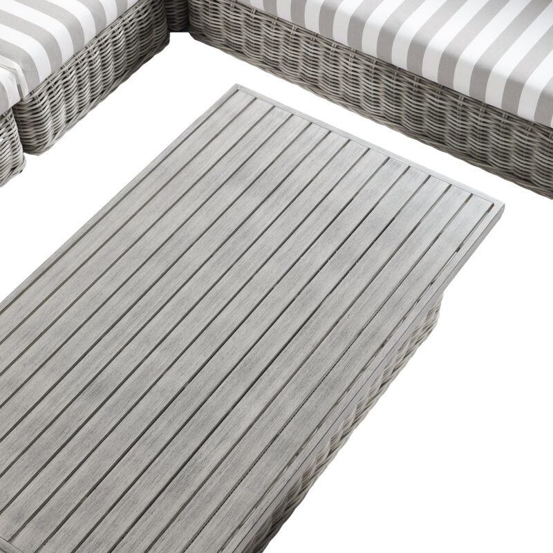 Bellagio Round Wicker Large Corner Casual Dining Set with Rising Table, Light Grey with Taupe Stripes - Image 8