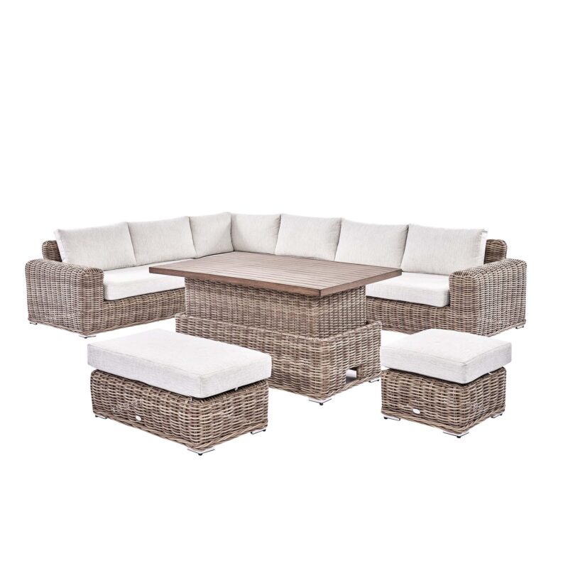 Bellagio Round Wicker Large Corner Casual Dining Set with Rising Table, Natural - Image 4