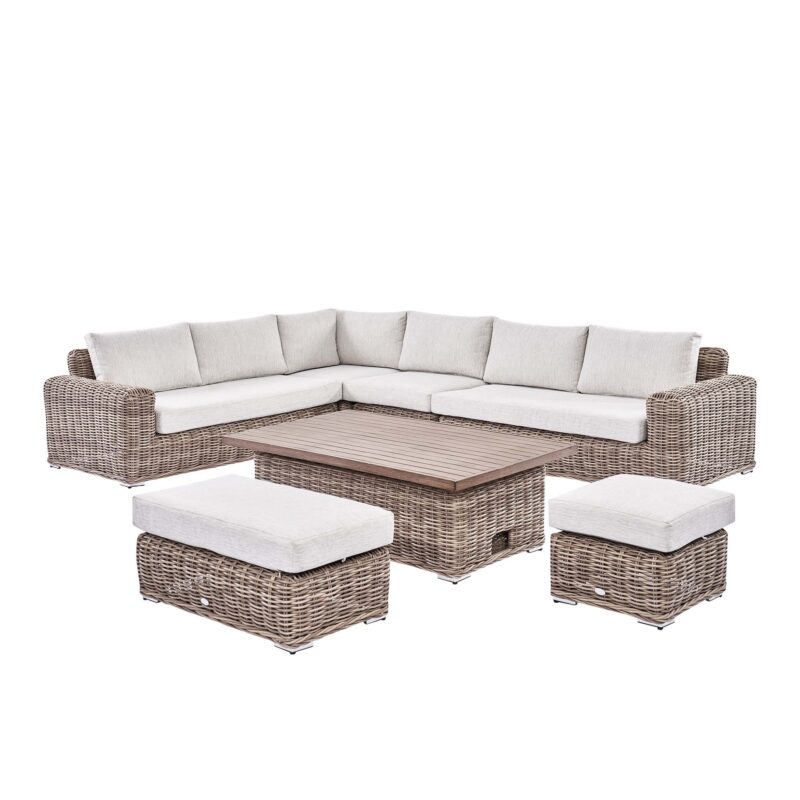Bellagio Round Wicker Large Corner Casual Dining Set with Rising Table, Natural - Image 5