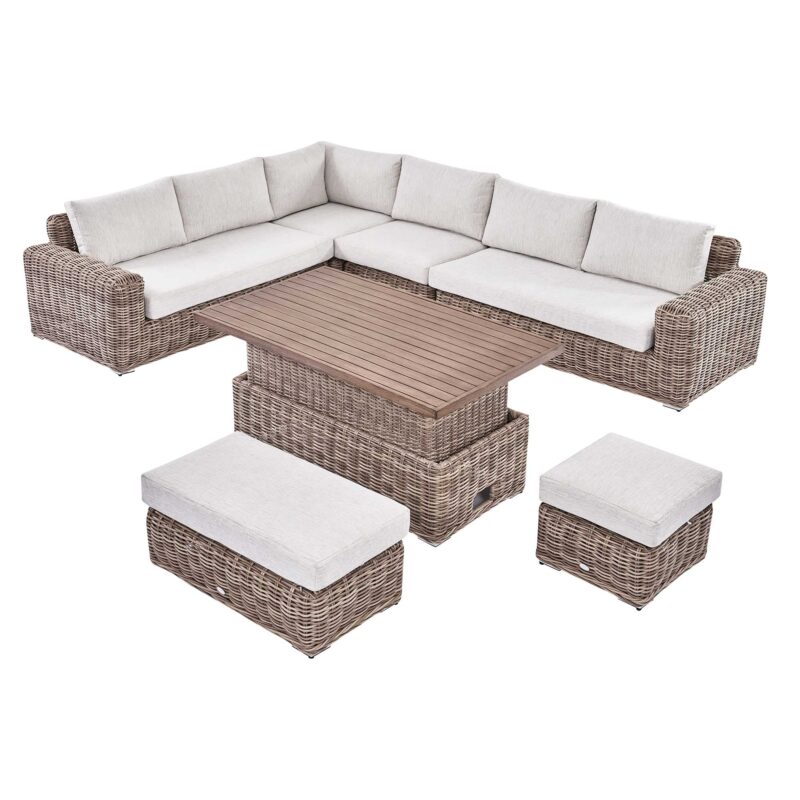 Bellagio Round Wicker Large Corner Casual Dining Set with Rising Table, Natural - Image 7