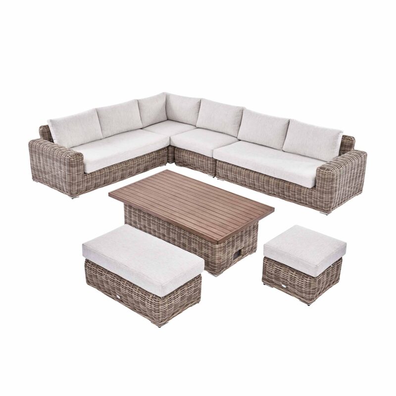 Bellagio Round Wicker Large Corner Casual Dining Set with Rising Table, Natural - Image 8