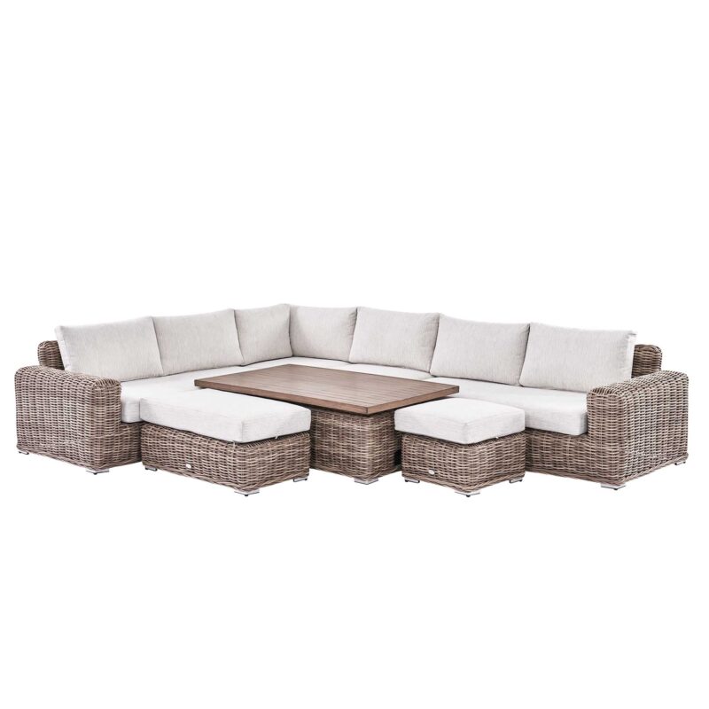 Bellagio Round Wicker Large Corner Casual Dining Set with Rising Table, Natural - Image 10