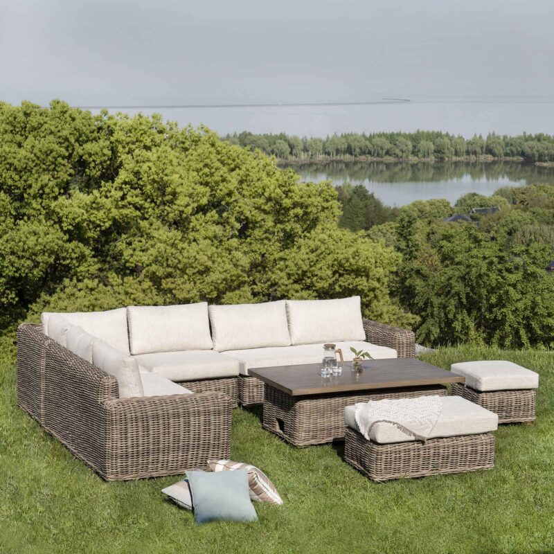 Bellagio Round Wicker Large Corner Casual Dining Set with Rising Table, Natural - Image 2