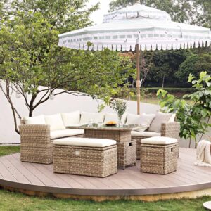 Granchester Rattan Rectangular Corner Dining Sofa Set with Rising Table, Natural