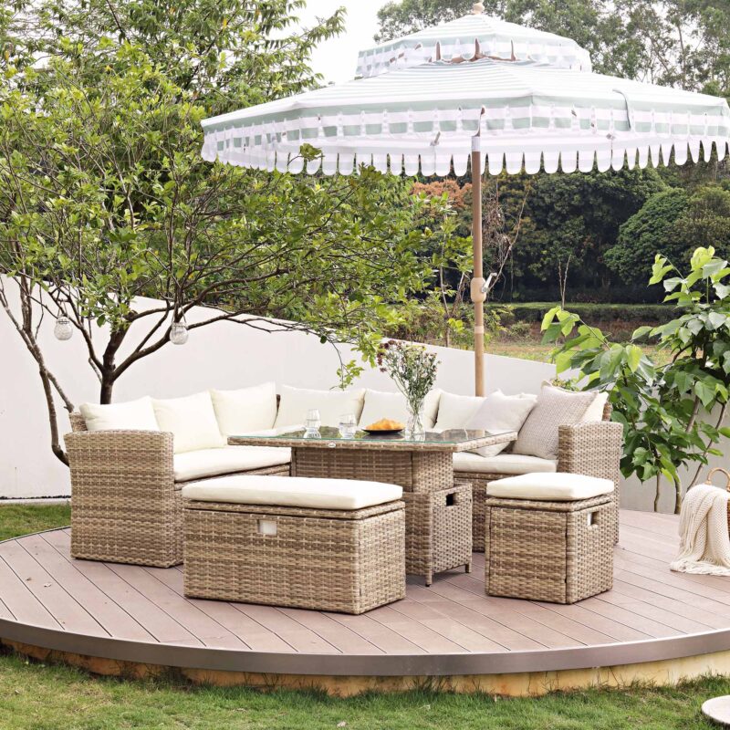 Granchester Rattan Rectangular Corner Dining Sofa Set with Rising Table, Natural