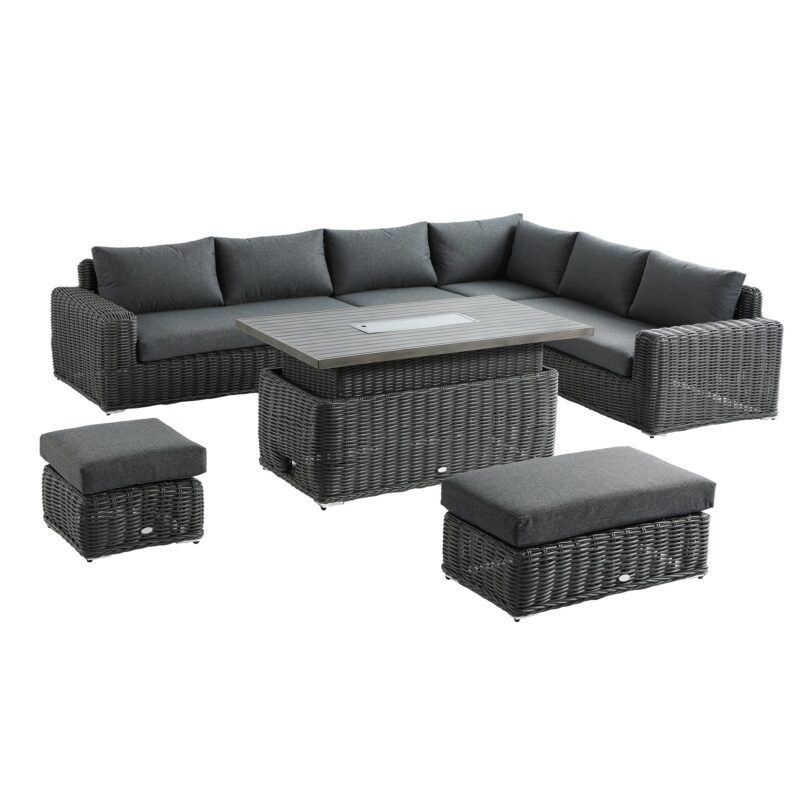 Bellagio Round Wicker Large Corner Casual Dining Set with Rising Firepit Table, Dark Grey - Image 2