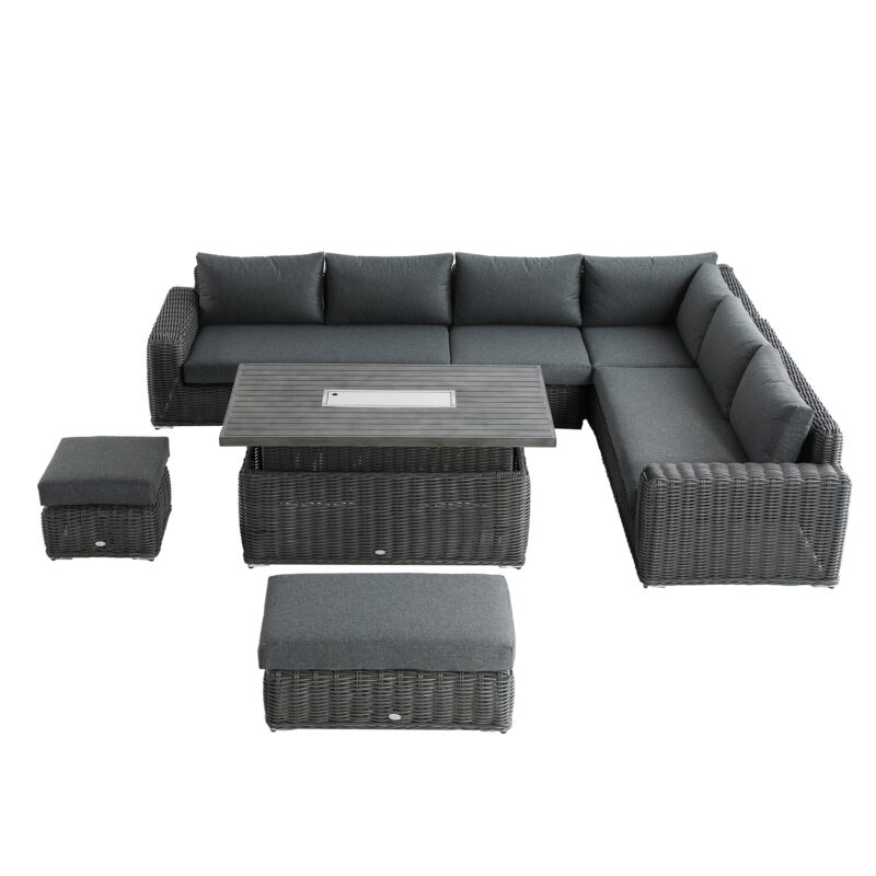 Bellagio Round Wicker Large Corner Casual Dining Set with Rising Firepit Table, Dark Grey - Image 5