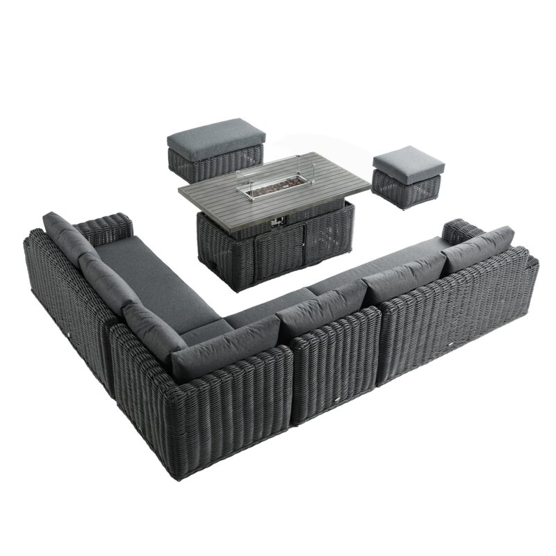 Bellagio Round Wicker Large Corner Casual Dining Set with Rising Firepit Table, Dark Grey - Image 6