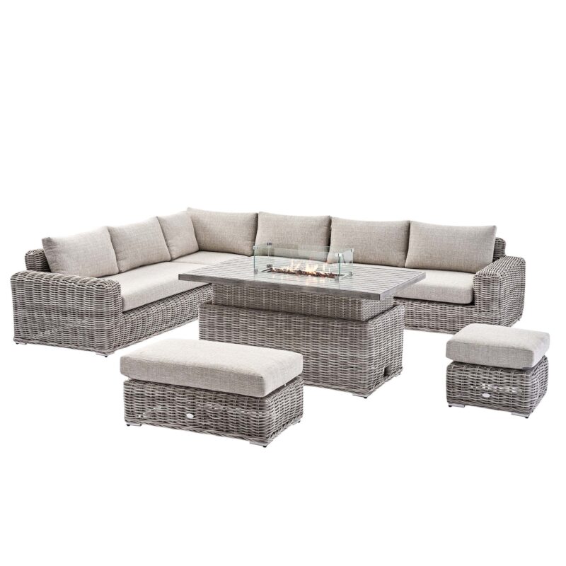 Bellagio Round Wicker Large Corner Casual Dining Set with Rising Firepit Table, Light Grey - Image 3