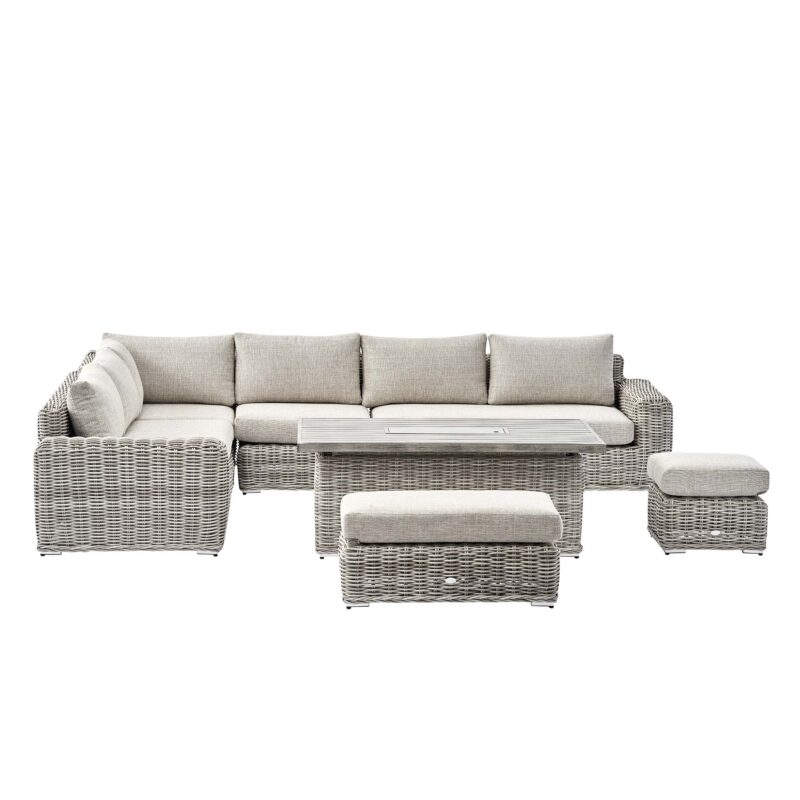 Bellagio Round Wicker Large Corner Casual Dining Set with Rising Firepit Table, Light Grey - Image 4