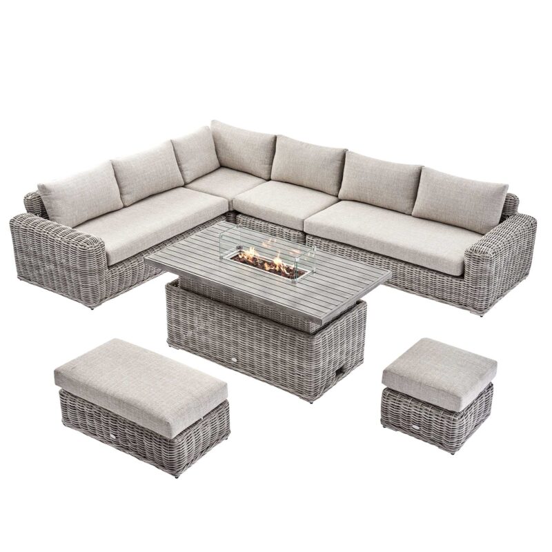 Bellagio Round Wicker Large Corner Casual Dining Set with Rising Firepit Table, Light Grey - Image 6