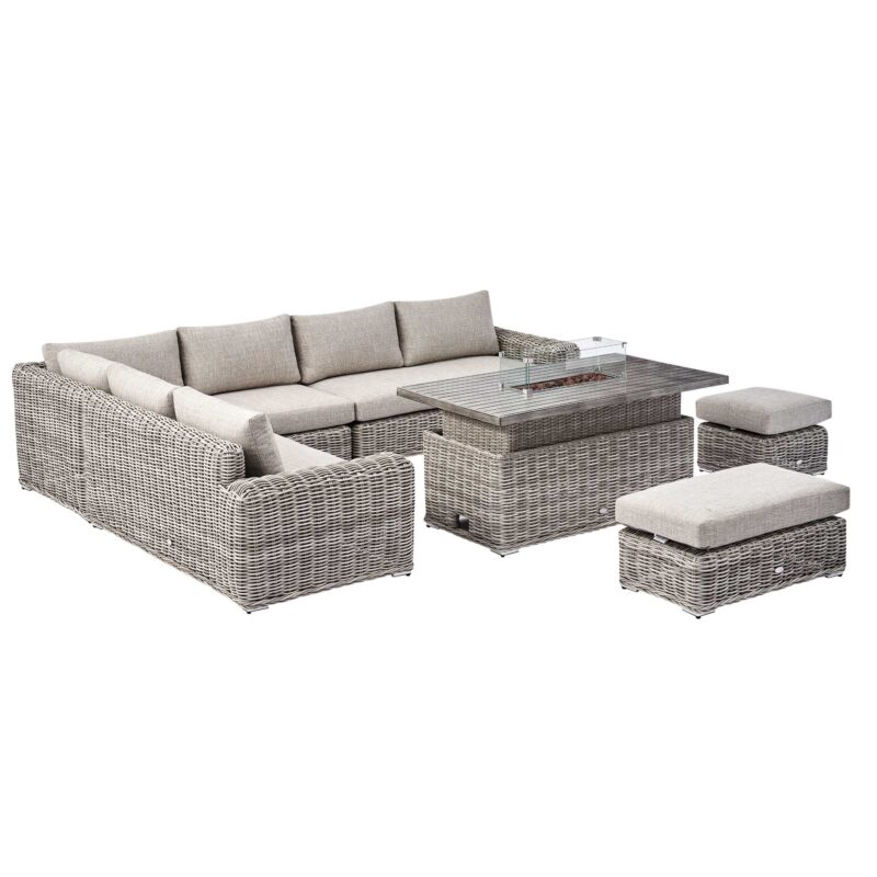 Bellagio Round Wicker Large Corner Casual Dining Set with Rising Firepit Table, Light Grey - Image 7