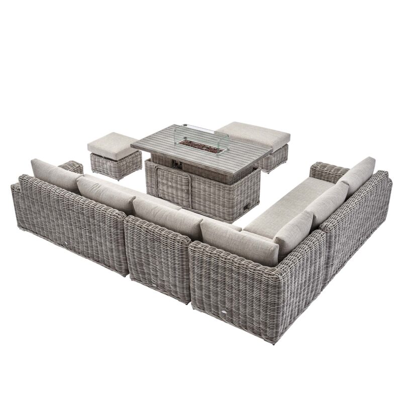Bellagio Round Wicker Large Corner Casual Dining Set with Rising Firepit Table, Light Grey - Image 8