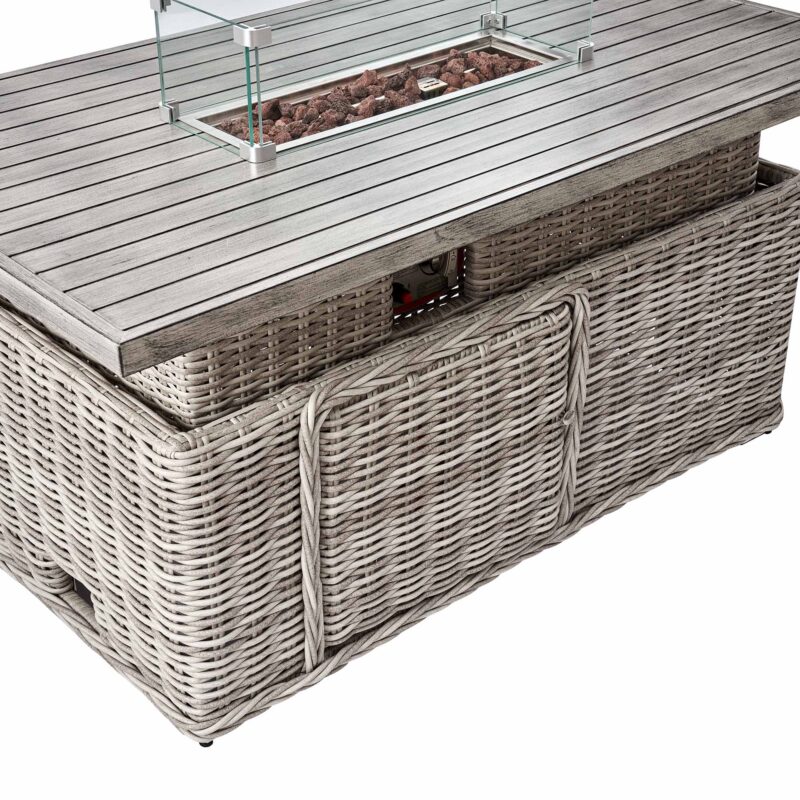 Bellagio Round Wicker Large Corner Casual Dining Set with Rising Firepit Table, Light Grey - Image 9