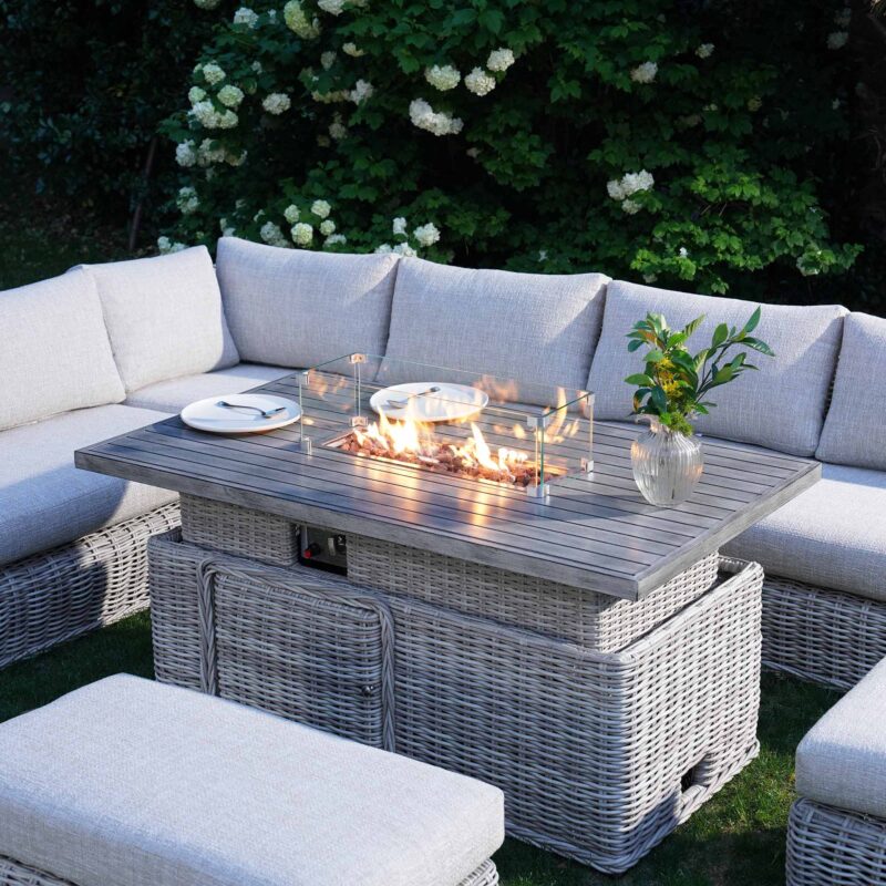 Bellagio Round Wicker Large Corner Casual Dining Set with Rising Firepit Table, Light Grey - Image 2