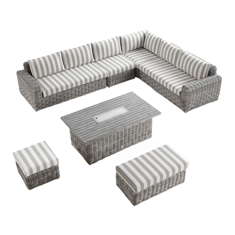 Bellagio Round Wicker Large Corner Casual Dining Set with Rising Firepit Table, Light Grey with Taupe Stripes - Image 2