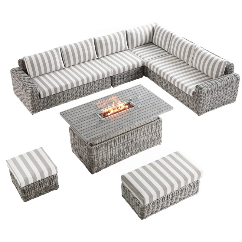 Bellagio Round Wicker Large Corner Casual Dining Set with Rising Firepit Table, Light Grey with Taupe Stripes - Image 4