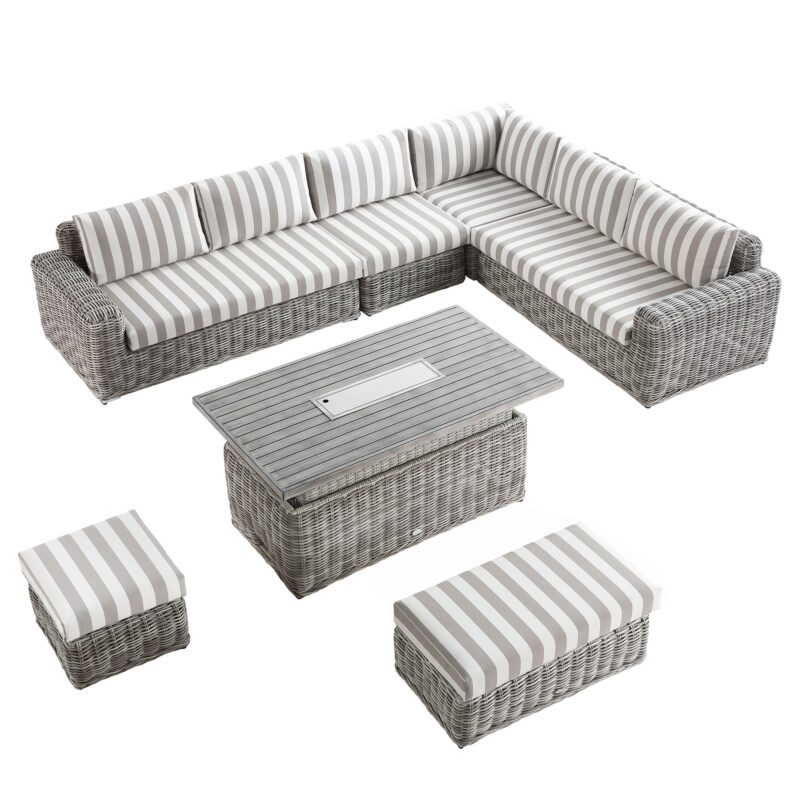 Bellagio Round Wicker Large Corner Casual Dining Set with Rising Firepit Table, Light Grey with Taupe Stripes - Image 5