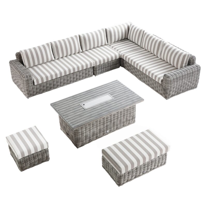 Bellagio Round Wicker Large Corner Casual Dining Set with Rising Firepit Table, Light Grey with Taupe Stripes - Image 6