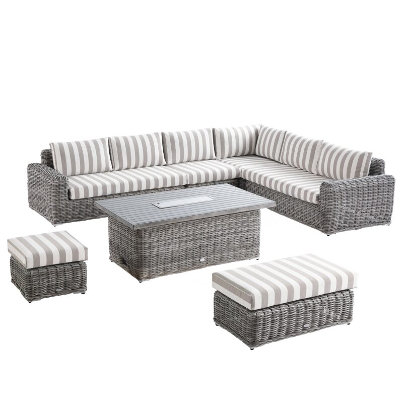 Bellagio Round Wicker Large Corner Casual Dining Set with Rising Firepit Table, Light Grey with Taupe Stripes - Image 7