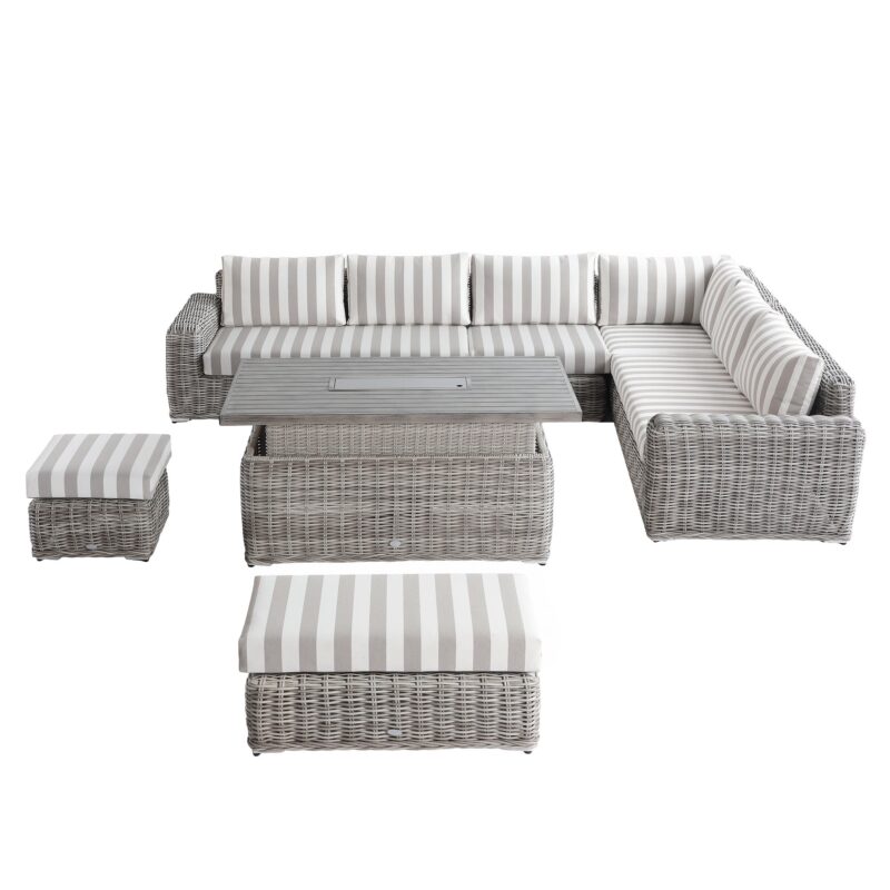 Bellagio Round Wicker Large Corner Casual Dining Set with Rising Firepit Table, Light Grey with Taupe Stripes - Image 8