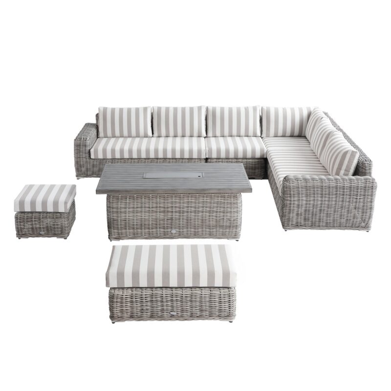 Bellagio Round Wicker Large Corner Casual Dining Set with Rising Firepit Table, Light Grey with Taupe Stripes - Image 9