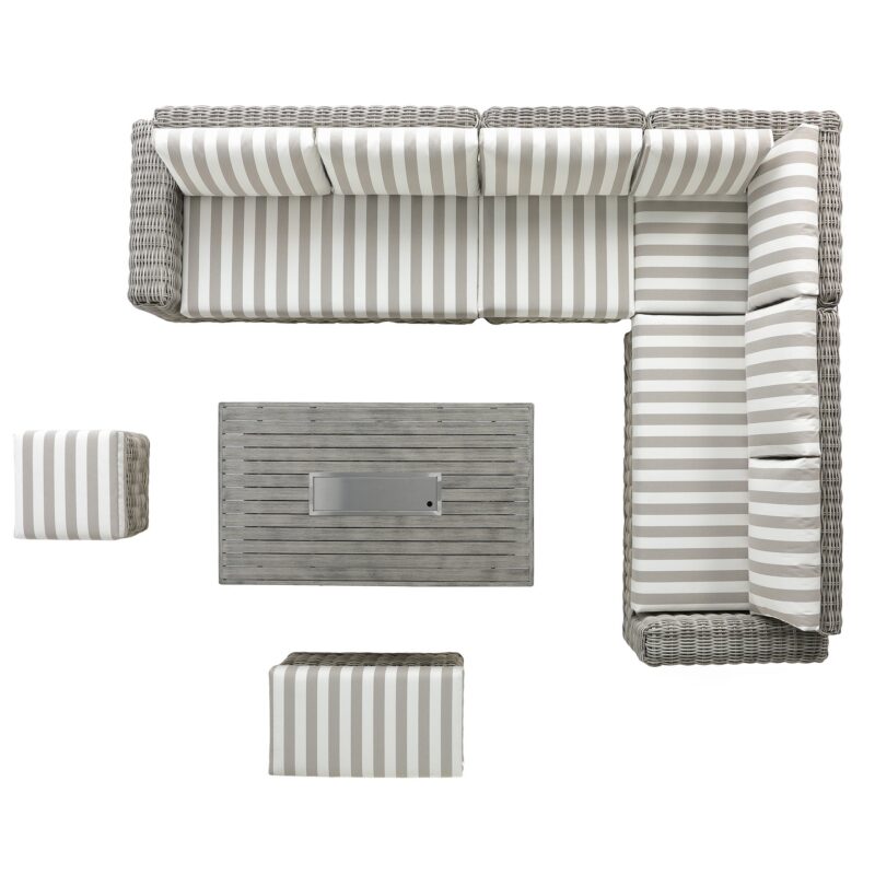 Bellagio Round Wicker Large Corner Casual Dining Set with Rising Firepit Table, Light Grey with Taupe Stripes - Image 11