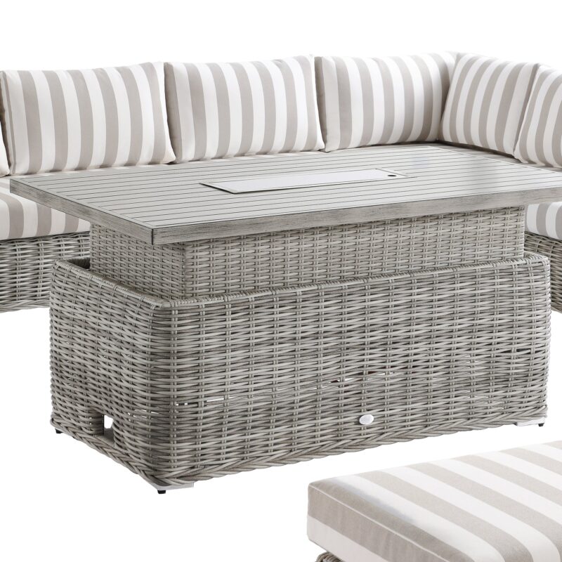 Bellagio Round Wicker Large Corner Casual Dining Set with Rising Firepit Table, Light Grey with Taupe Stripes - Image 12