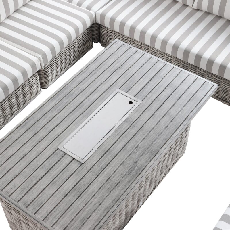Bellagio Round Wicker Large Corner Casual Dining Set with Rising Firepit Table, Light Grey with Taupe Stripes - Image 13